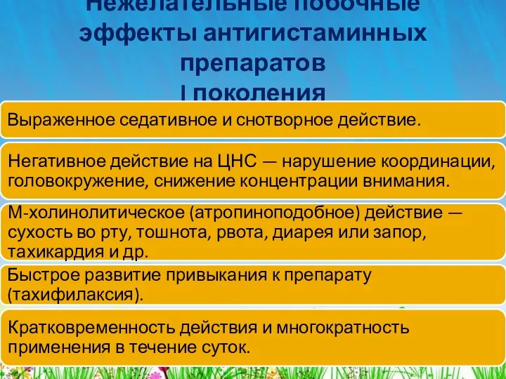 Нежелательные побочные эффекты антигистаминных препаратов I поколения