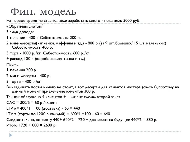 Фин. модель На первое время не ставила цели заработать много