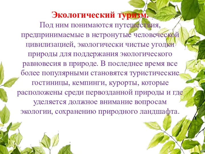 Экологический туризм. Под ним понимаются путешествия, предпринимаемые в нетронутые человеческой цивилизацией, экологически чистые