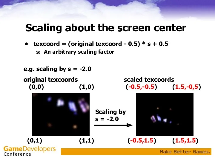 Scaling about the screen center texcoord = (original texcoord -