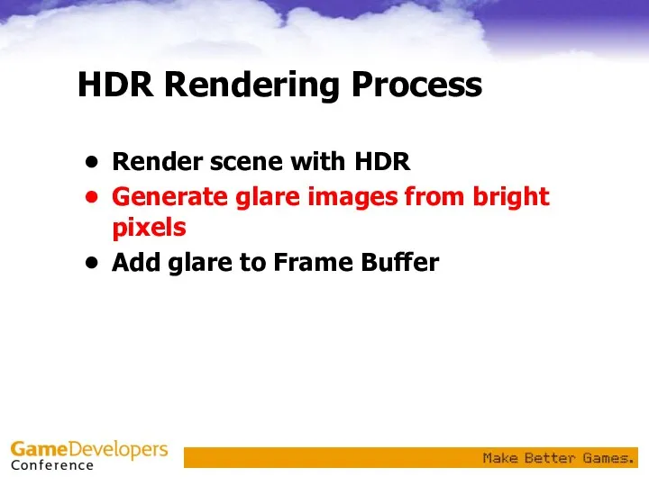 HDR Rendering Process Render scene with HDR Generate glare images