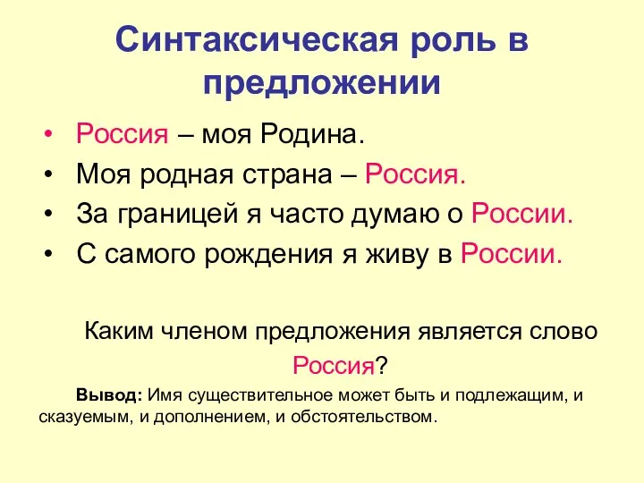 Синтаксическая роль в предложении Россия – моя Родина. Моя родная