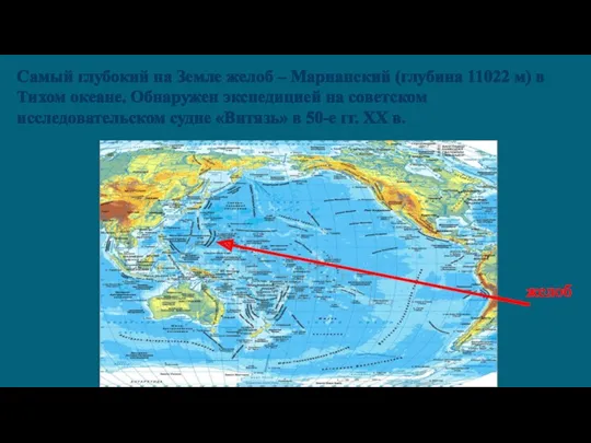 Самый глубокий на Земле желоб – Марианский (глубина 11022 м)