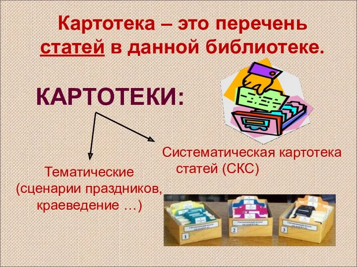 КАРТОТЕКИ: Систематическая картотека статей (СКС) Картотека – это перечень статей