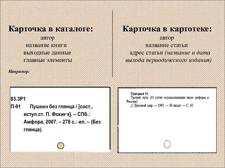 Карточка в каталоге: Карточка в картотеке: автор автор название книги