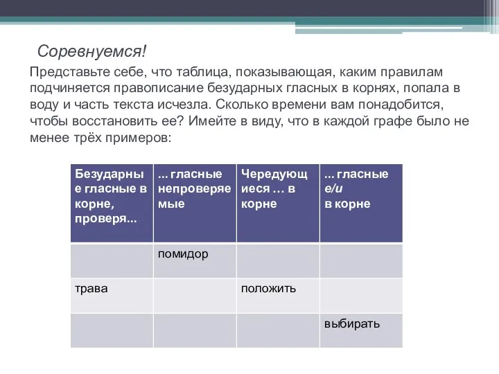 Соревнуемся! Представьте себе, что таблица, показывающая, каким правилам подчиняется правописание