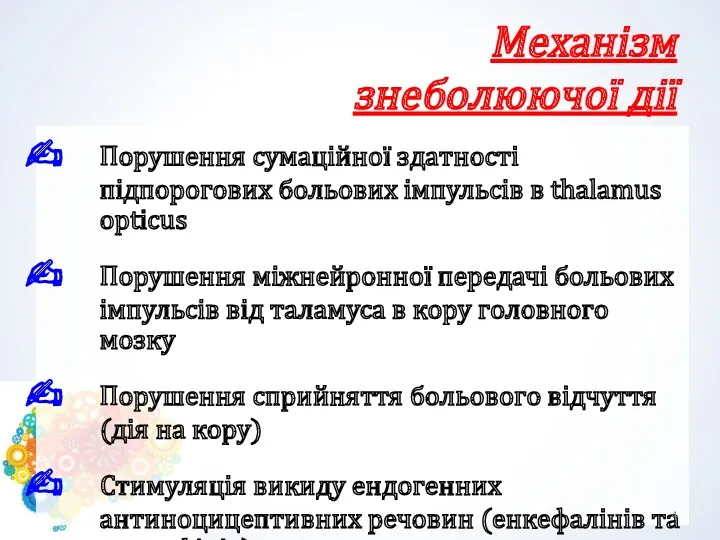 Механізм знеболюючої дії Порушення сумаційної здатності підпорогових больових імпульсів в