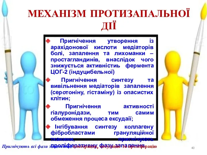 МЕХАНІЗМ ПРОТИЗАПАЛЬНОЇ ДІЇ Пригнічення утворення із арахідонової кислоти медіаторів болі,