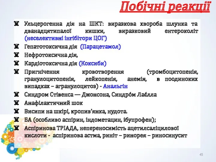 Побічні реакції Ульцерогенна дія на ШКТ: виразкова хвороба шлунка та