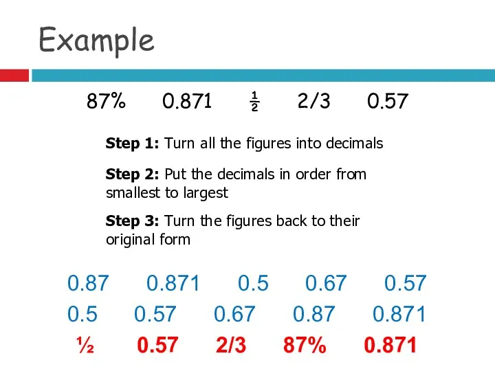 Example 87% 0.871 ½ 2/3 0.57 Step 1: Turn all