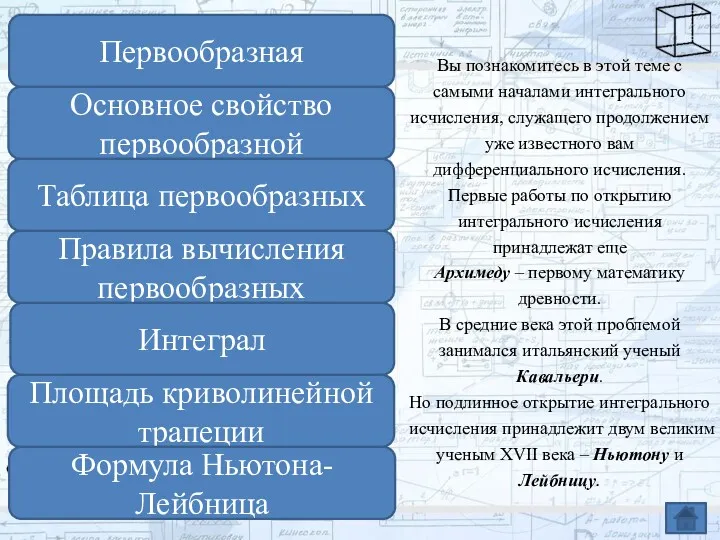 Первообразная Основное свойство первообразной Таблица первообразных Правила вычисления первообразных Интеграл