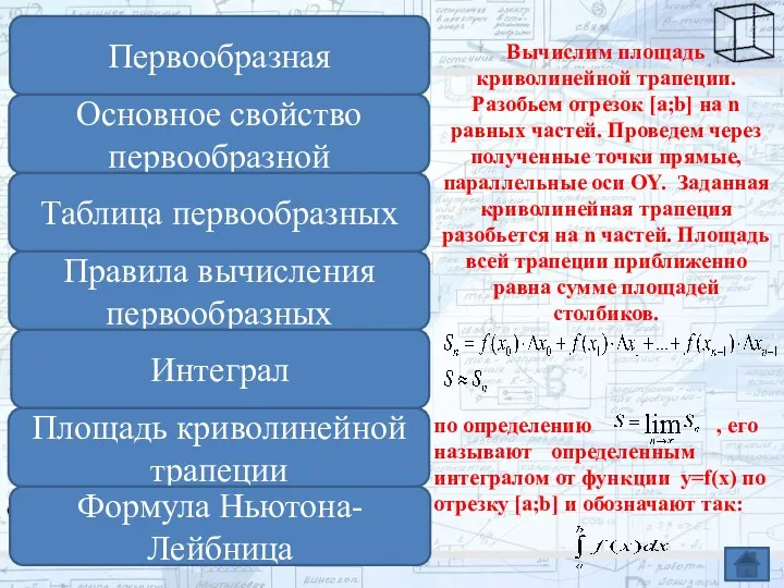 Вычислим площадь криволинейной трапеции. Разобьем отрезок [a;b] на n равных