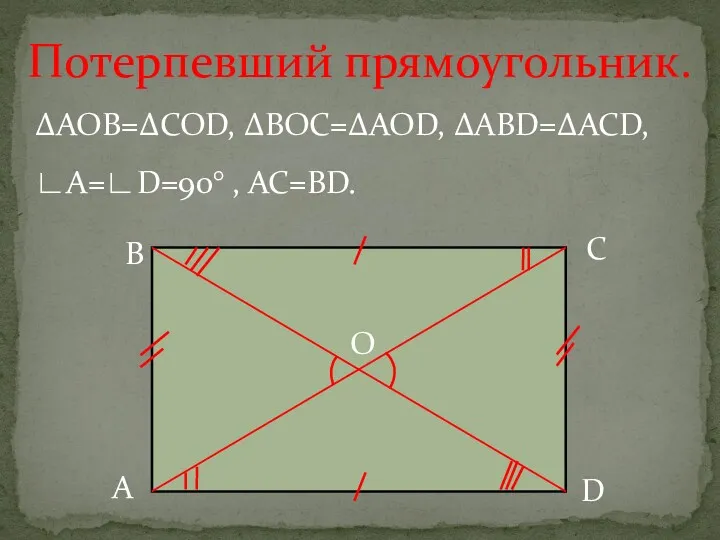 А В С D О Потерпевший прямоугольник. ∆AOB=∆COD, ∆BOC=∆AOD, ∆ABD=∆ACD, ∟A=∟D=90° , AC=BD.