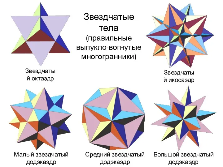 Звездчатый икосаэдр Звездчатый октаэдр Малый звездчатый додэкаэдр Средний звездчатый додэкаэдр