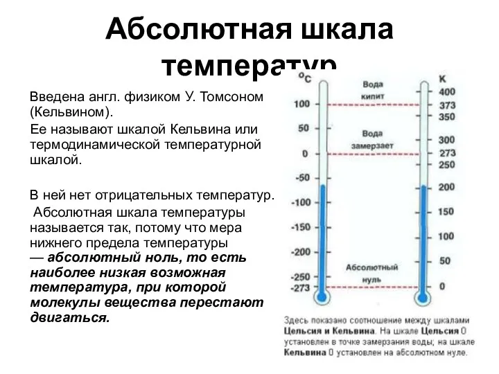 Абсолютная шкала температур Введена англ. физиком У. Томсоном(Кельвином). Ее называют