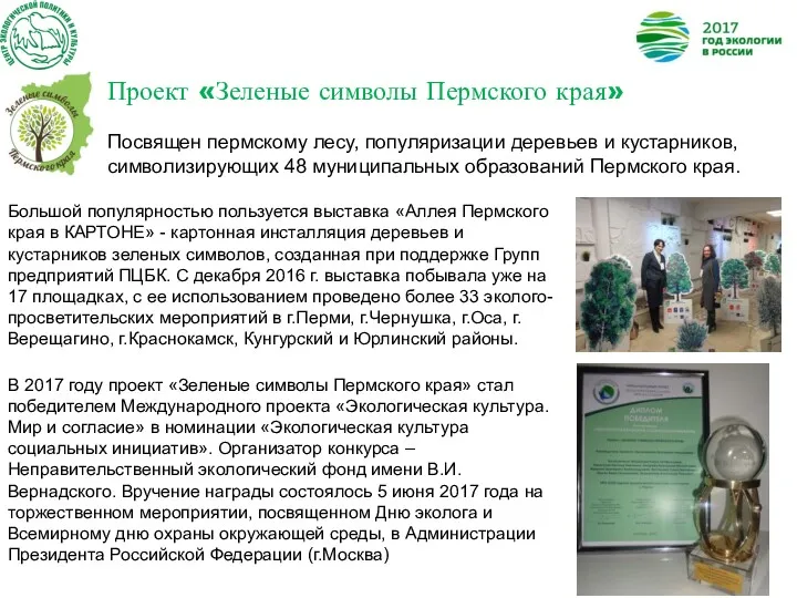 Проект «Зеленые символы Пермского края» Посвящен пермскому лесу, популяризации деревьев
