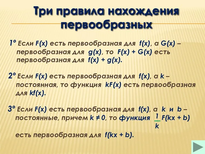 Три правила нахождения первообразных 1º Если F(x) есть первообразная для