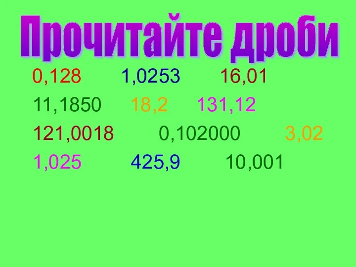 0,128 1,0253 16,01 11,1850 18,2 131,12 121,0018 0,102000 3,02 1,025 425,9 10,001 Прочитайте дроби