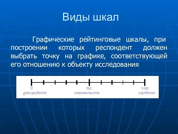 Виды шкал Графические рейтинговые шкалы, при построении которых респондент должен