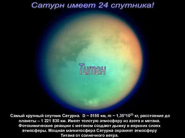 Самый крупный спутник Сатурна. Имеет плотную атмосферу. Масса = 1,35*1023