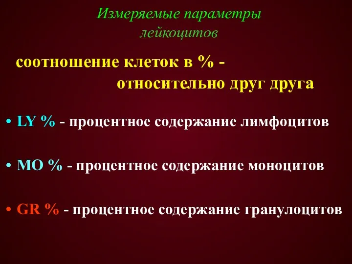 Измеряемые параметры лейкоцитов LY % - процентное содержание лимфоцитов МО