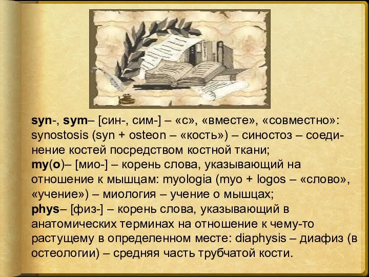 syn-, sym– [син-, сим-] – «с», «вместе», «совместно»: synostosis (syn