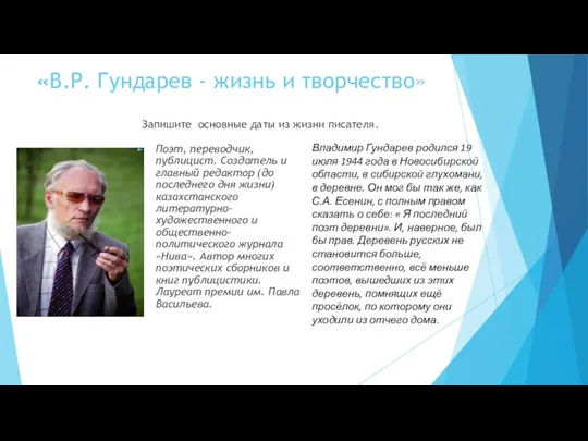 «В.Р. Гундарев - жизнь и творчество» Запишите основные даты из