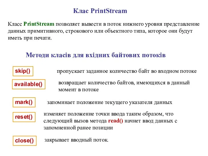Клас PrintStream Класс PrintStream позволяет вывести в поток нижнего уровня