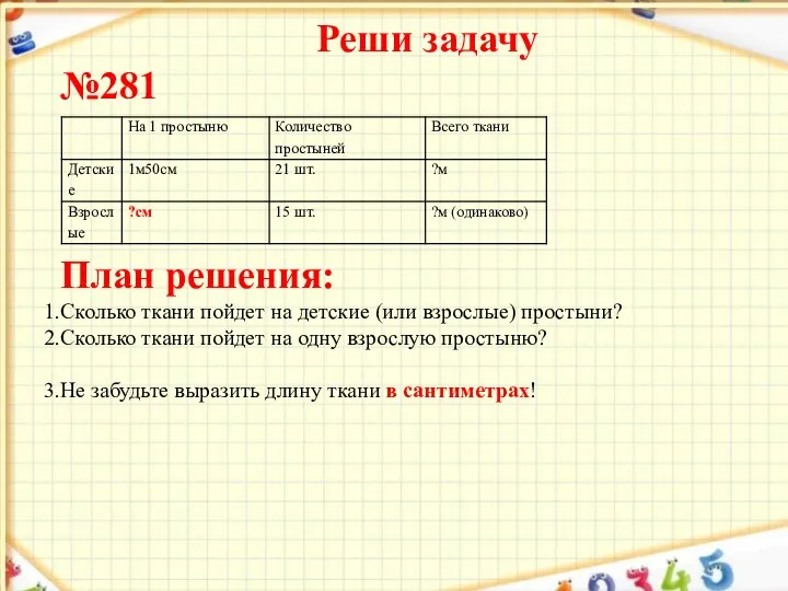 Реши задачу №281 План решения: Сколько ткани пойдет на детские