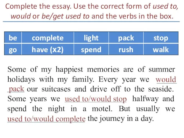 Complete the essay. Use the correct form of used to,