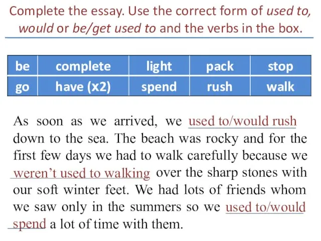 Complete the essay. Use the correct form of used to,