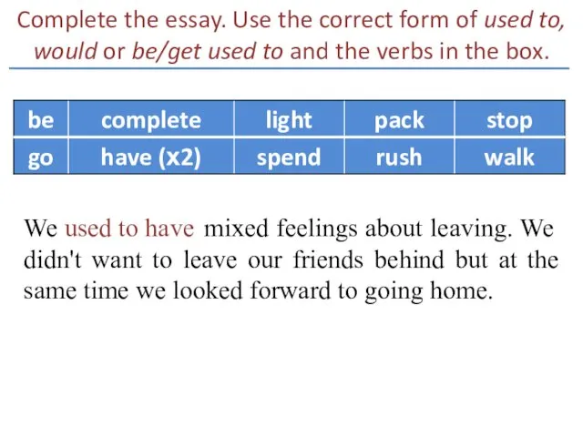 Complete the essay. Use the correct form of used to,