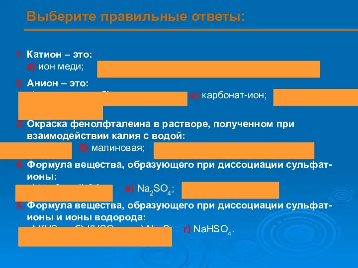 1. Катион – это: а) ион меди; б) атом серы;