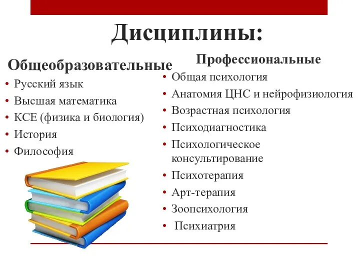 Дисциплины: Общеобразовательные Русский язык Высшая математика КСЕ (физика и биология)