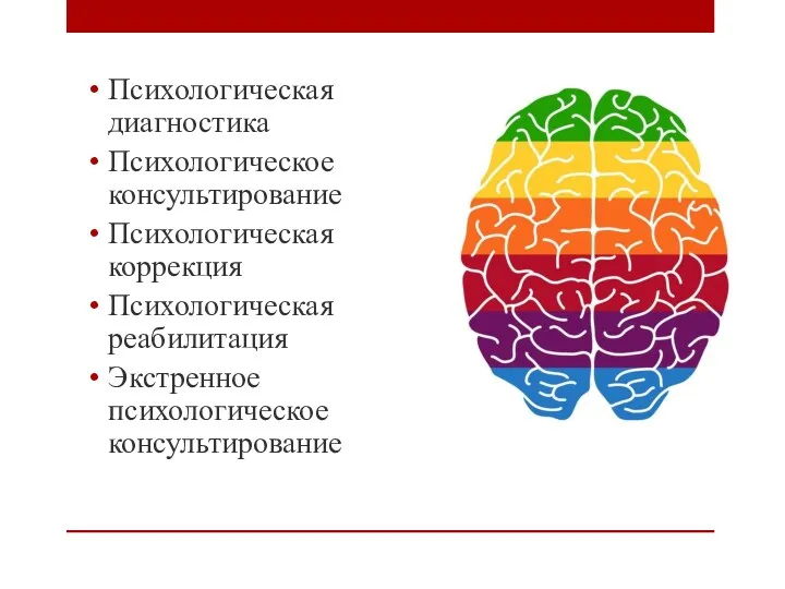 Психологическая диагностика Психологическое консультирование Психологическая коррекция Психологическая реабилитация Экстренное психологическое консультирование