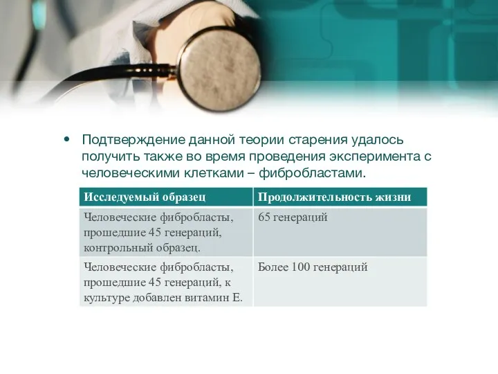 Подтверждение данной теории старения удалось получить также во время проведения эксперимента с человеческими клетками – фибробластами.