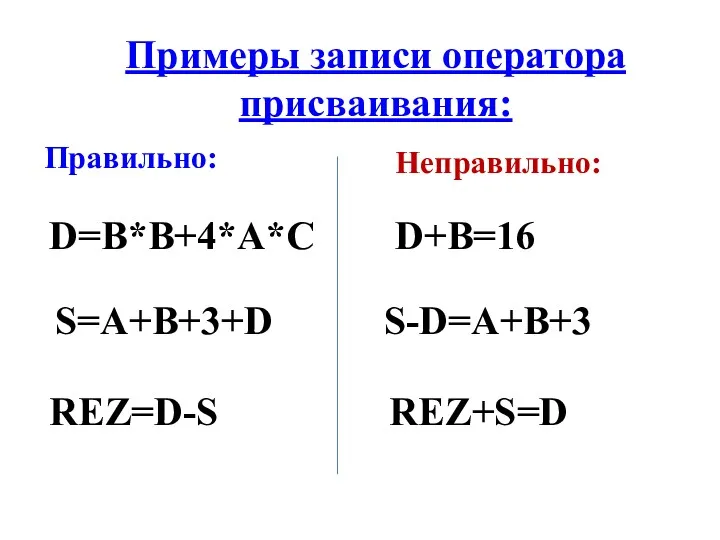 Примеры записи оператора присваивания: D=B*B+4*A*C S=A+B+3+D REZ=D-S Правильно: Неправильно: D+B=16 S-D=A+B+3 REZ+S=D