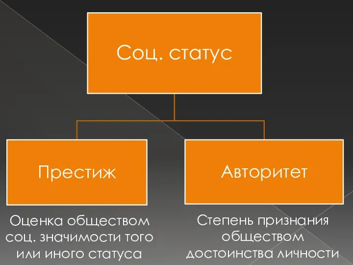 Оценка обществом соц. значимости того или иного статуса Степень признания обществом достоинства личности