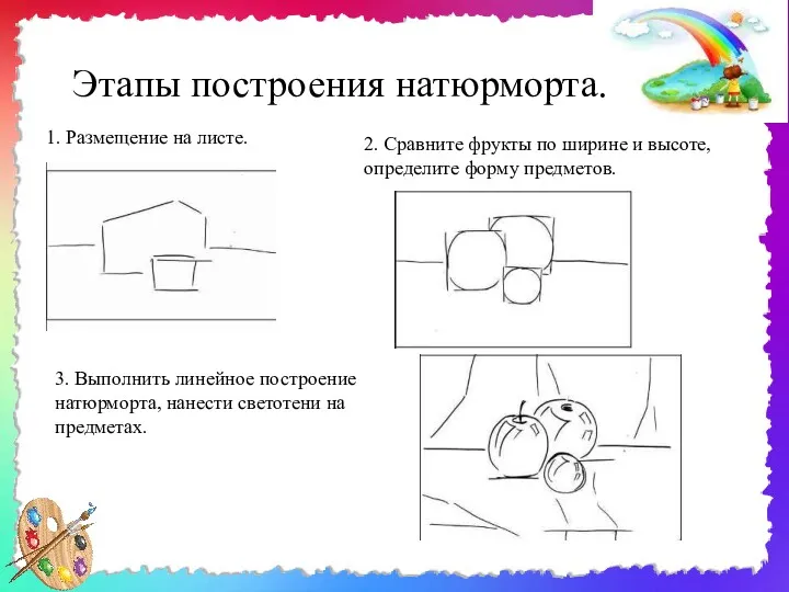 Этапы построения натюрморта. 1. Размещение на листе. 2. Сравните фрукты