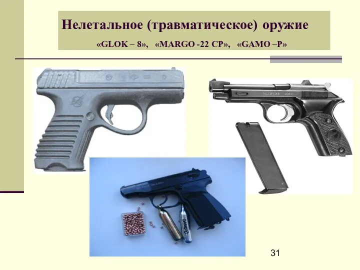 Нелетальное (травматическое) оружие «GLOK – 8», «MARGO -22 CP», «GAMO –P»