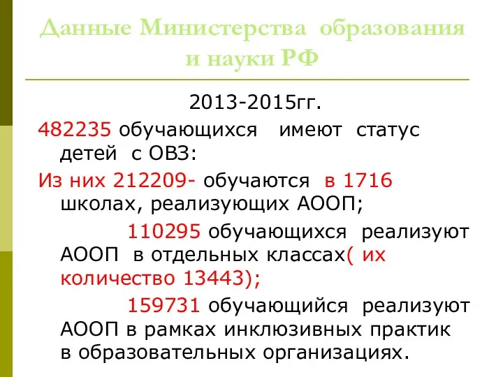 Данные Министерства образования и науки РФ 2013-2015гг. 482235 обучающихся имеют