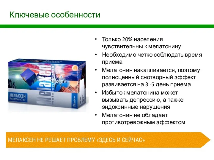 Ключевые особенности Только 20% населения чувствительны к мелатонину Необходимо четко