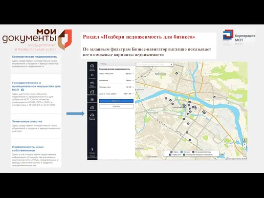 Раздел «Подбери недвижимость для бизнеса» По заданным фильтрам Бизнес-навигатор наглядно показывает все возможные варианты недвижимости