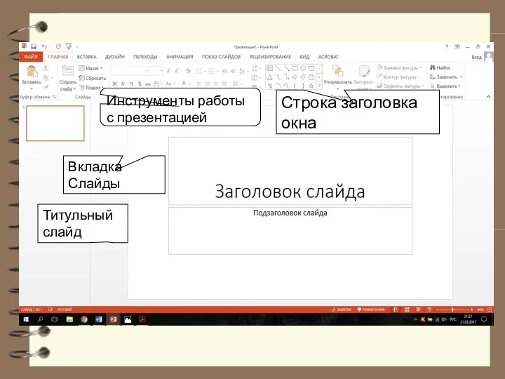 Инструменты работы с презентацией Титульный слайд Вкладка Слайды Строка заголовка окна