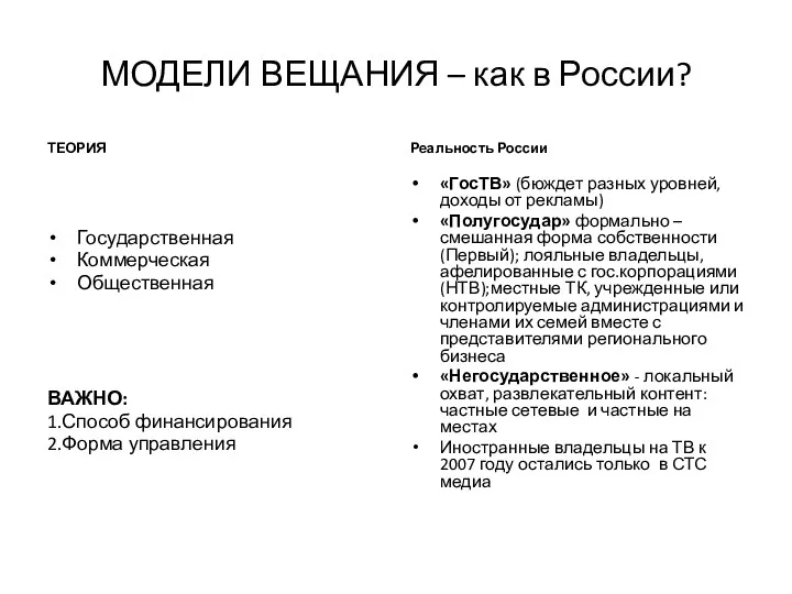 МОДЕЛИ ВЕЩАНИЯ – как в России? ТЕОРИЯ Государственная Коммерческая Общественная ВАЖНО: 1.Способ финансирования