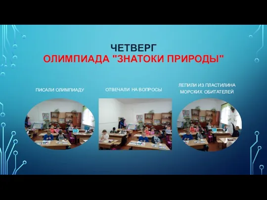 ЧЕТВЕРГ ОЛИМПИАДА "ЗНАТОКИ ПРИРОДЫ" ПИСАЛИ ОЛИМПИАДУ ОТВЕЧАЛИ НА ВОПРОСЫ ЛЕПИЛИ ИЗ ПЛАСТИЛИНА МОРСКИХ ОБИТАТЕЛЕЙ