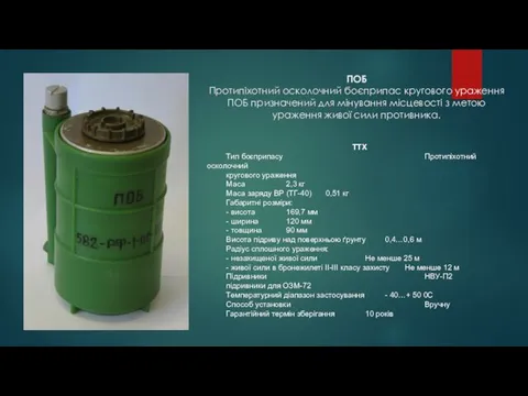 ПОБ Протипіхотний осколочний боєприпас кругового ураження ПОБ призначений для мінування