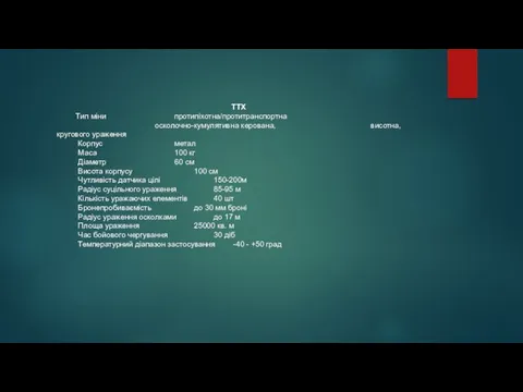 ТТХ Тип міни протипіхотна/протитранспортна осколочно-кумулятивна керована, висотна, кругового ураження Корпус