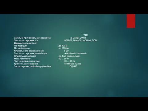 ТТХ Загальна протяжність загородження не менше 200 м Тип застосовуваних