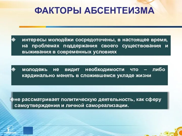 ФАКТОРЫ АБСЕНТЕИЗМА не рассматривает политическую деятельность, как сферу самоутверждения и